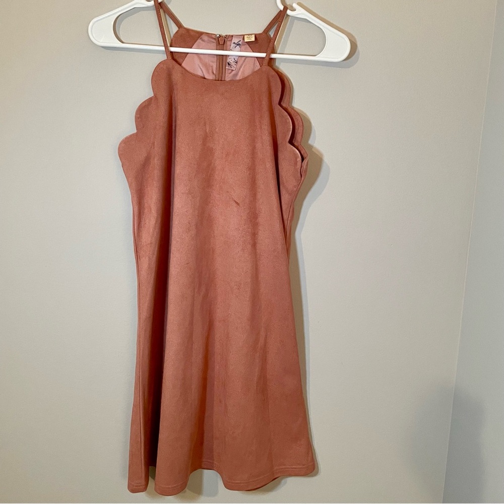 Scalloped Pink Sleeveless Suede Dress